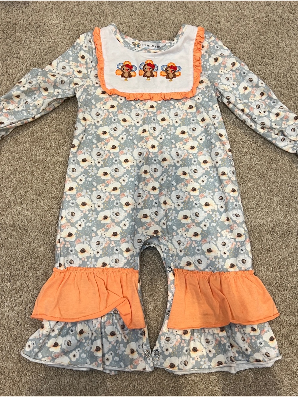Girls Floral Ruffle One-Piece Thanksgiving Romper with Orange Trim